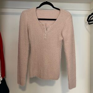 Shein Crew Neck Pearl Button Ribbed Fluff Knit Pullover Sweater Pink Medium